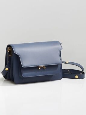 Authentic Marni Navy Medium Trunk Leather Crossbody Bag with Gold Hardware